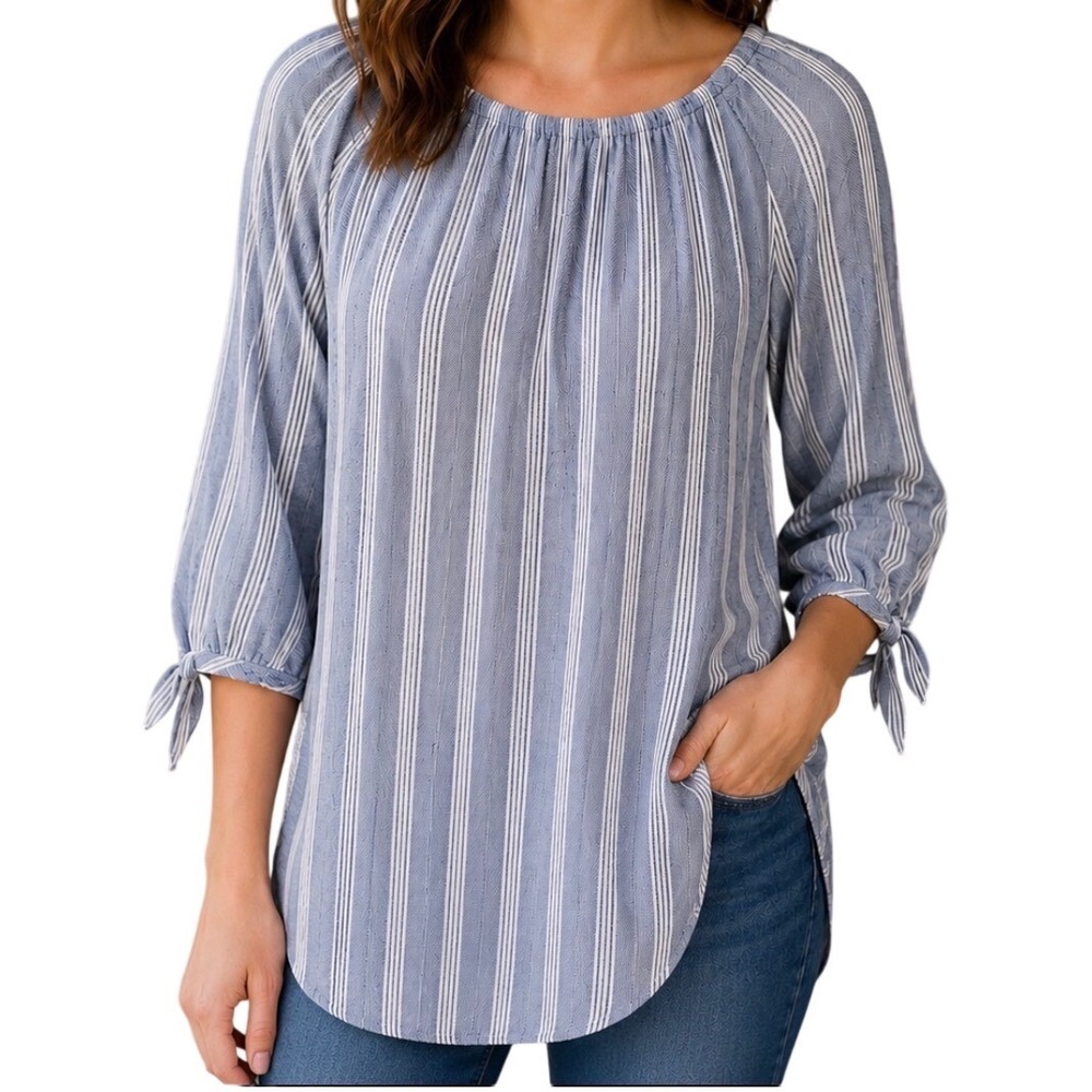 Fred David Striped Boat Neck Tie Sleeve Tunic Top Women's XL Gray White